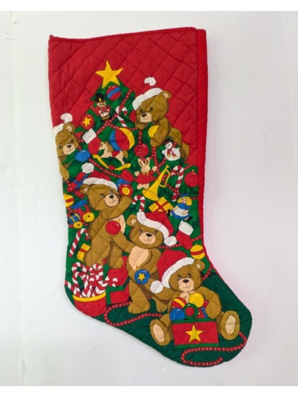 Vintage Quilted Cotton Oversized Christmas Stocking Teddy Bears with Tree 28"